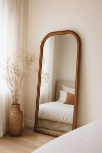 Arched full-length floor mirror with wooden frame in a calm modern room