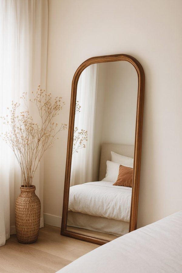 Arched full-length floor mirror with wooden frame in a calm modern room