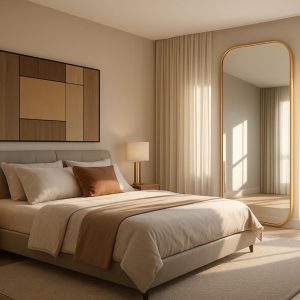 Large bedroom mirror with rounded corners and golden frame placed beside a bed with neutral decor.